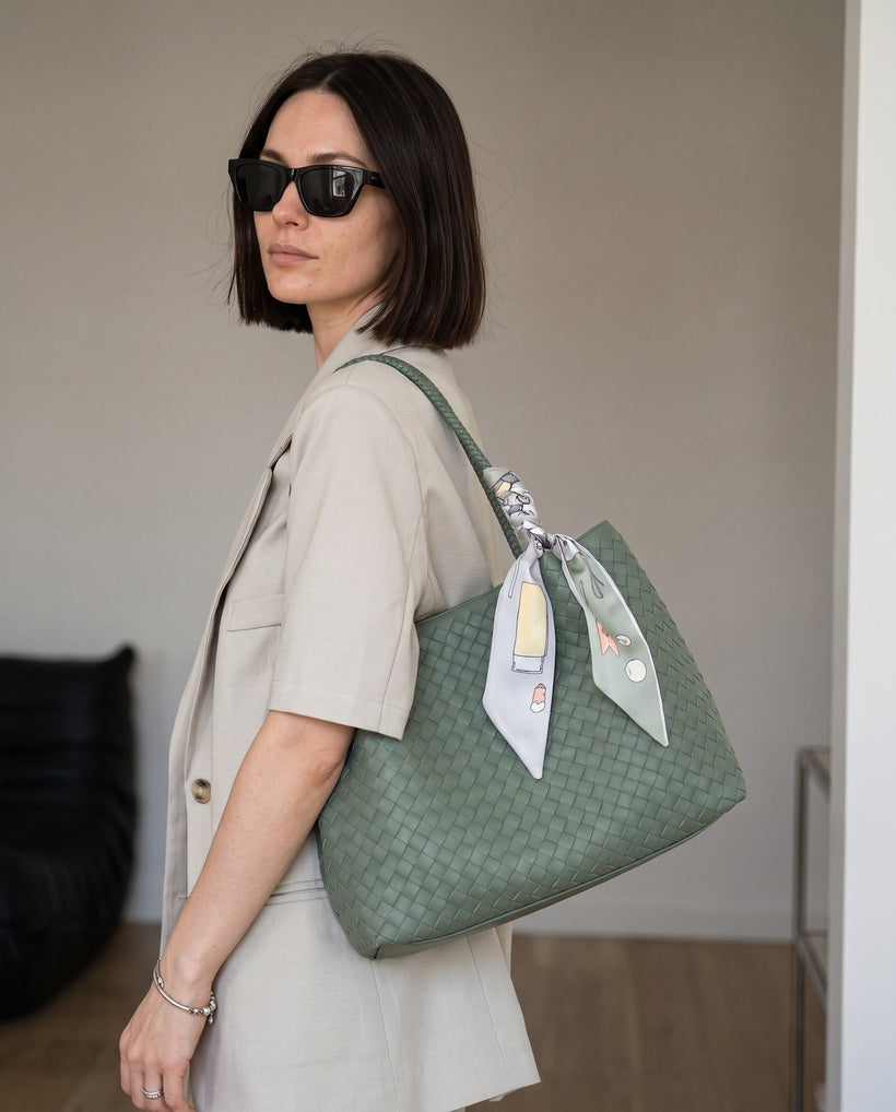 Wildfool The Vicenza Woven Tote in Sage Green, styled and worn