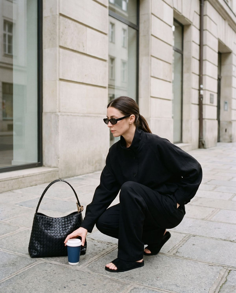 Wildfool The Treviso Woven Hobo in Black, styled and worn