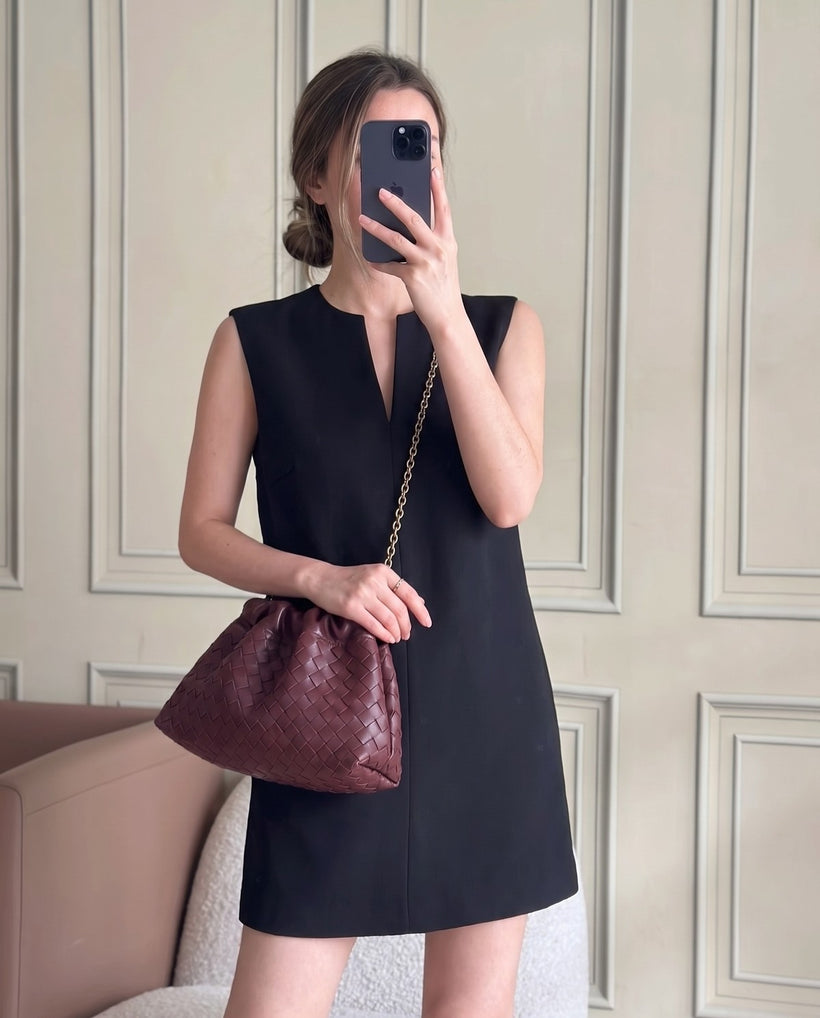Wildfool The Assisi Chain Pouch in Burgundy, styled and worn