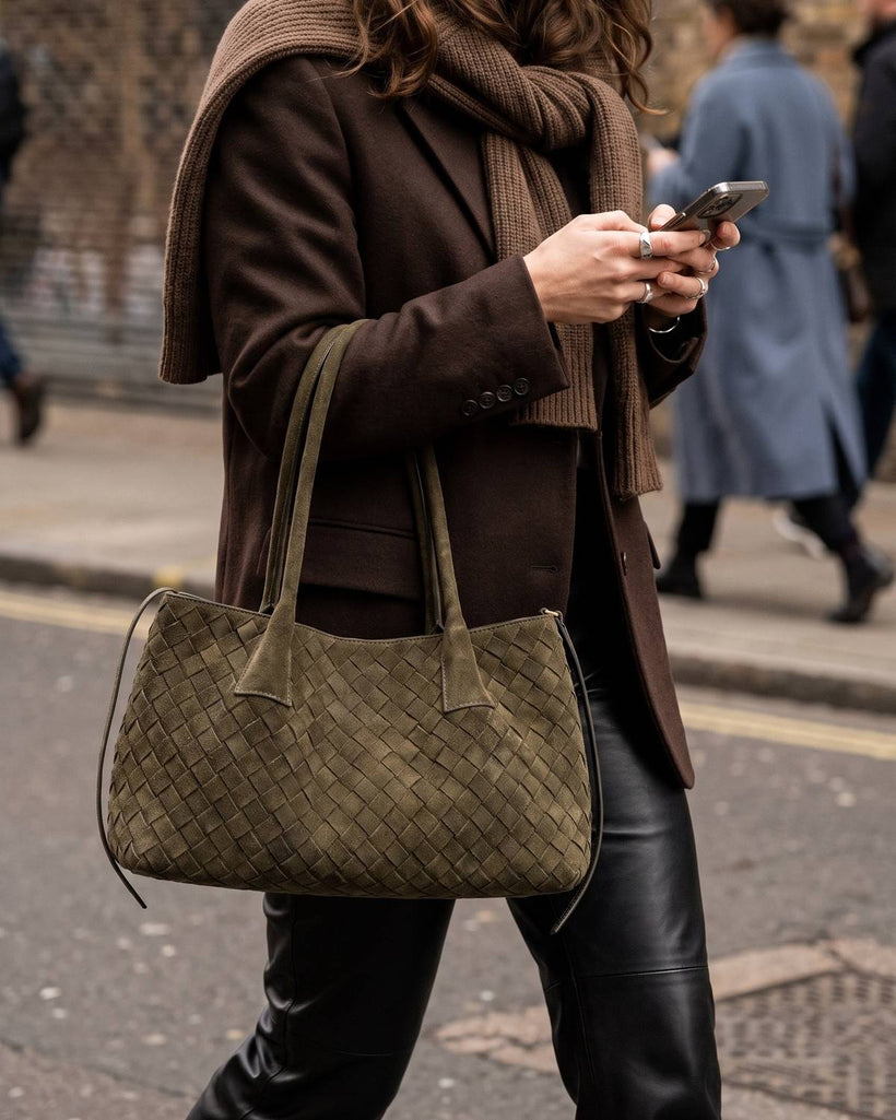 Wildfool The Arezzo Woven Tote in Olive, styled and worn