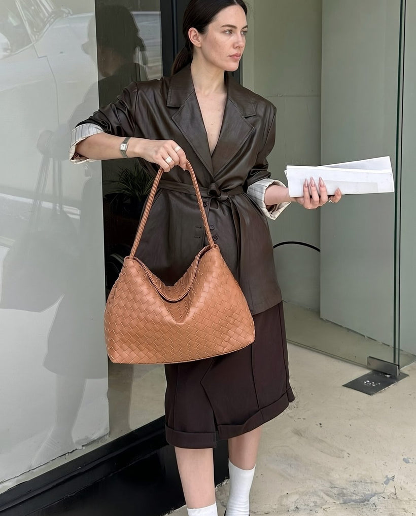 Wildfool The Treviso Woven Hobo in Caramel, styled and worn