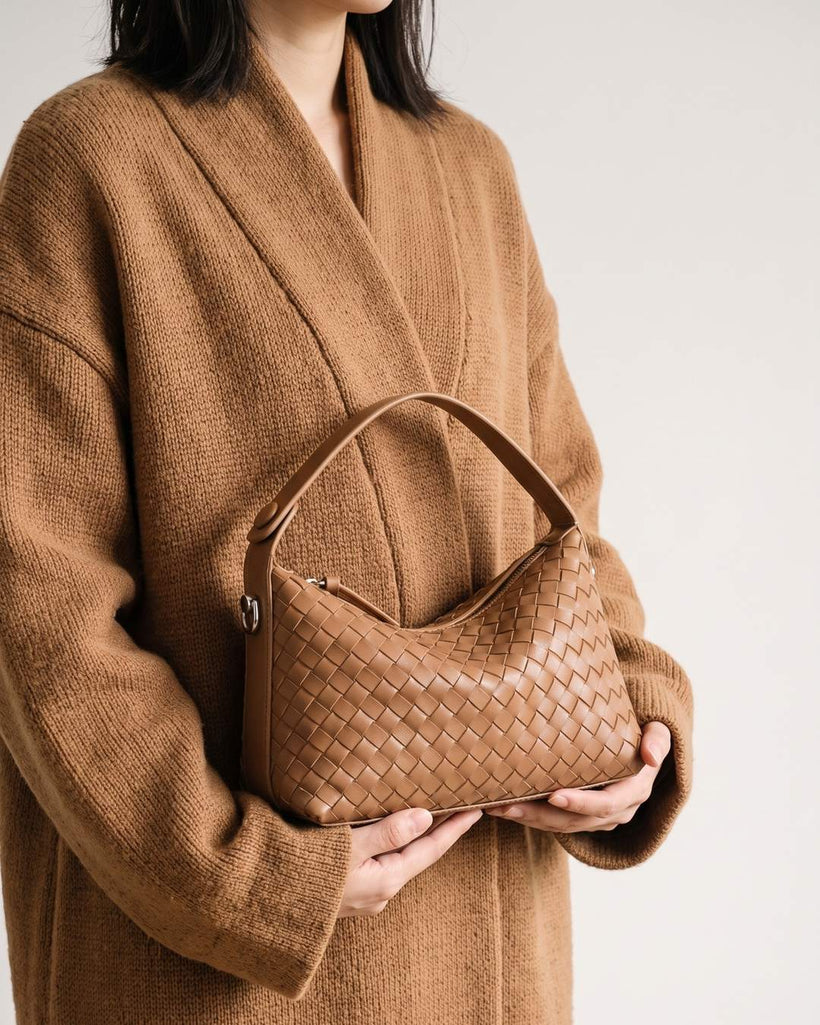 Wildfool The Parma Woven Mini Hobo in Caramel, styled and worn (2)