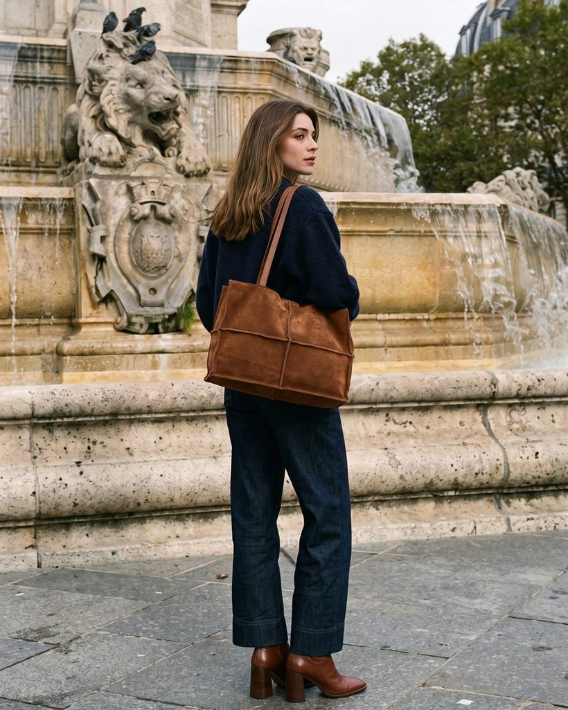 Wildfool The Urbino Patchwork Tote in Caramel, styled and worn (2)