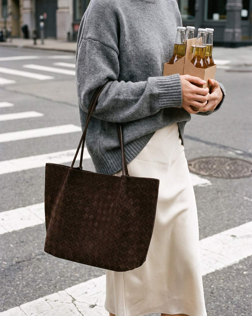 Wildfool The Perugia Woven Tote in Chocolate, styled and worn
