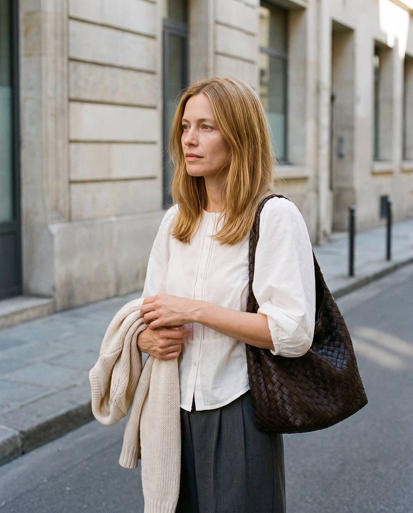 Wildfool The Treviso Woven Hobo in Espresso, styled and worn