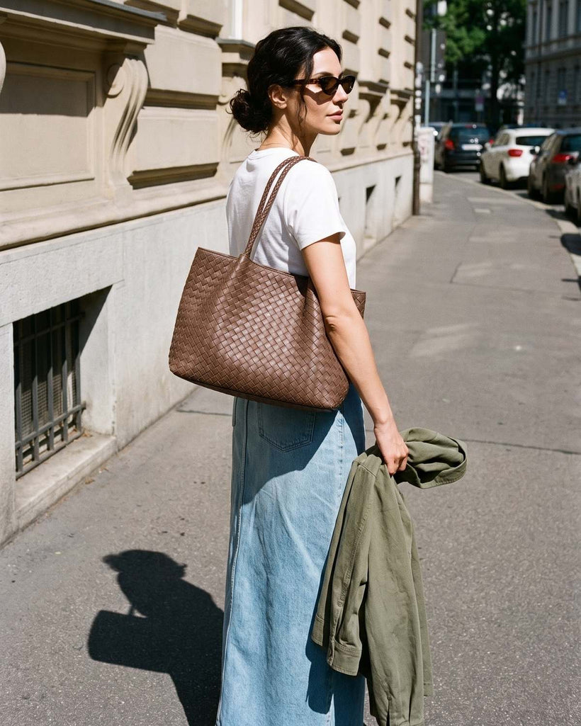 Wildfool The Vicenza Woven Tote in Brown, styled and worn