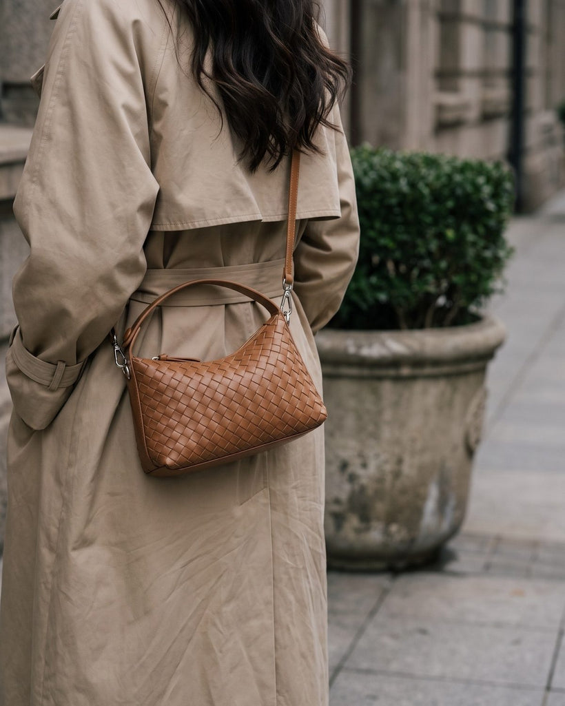 Wildfool The Parma Woven Mini Hobo in Caramel, styled and worn (3)