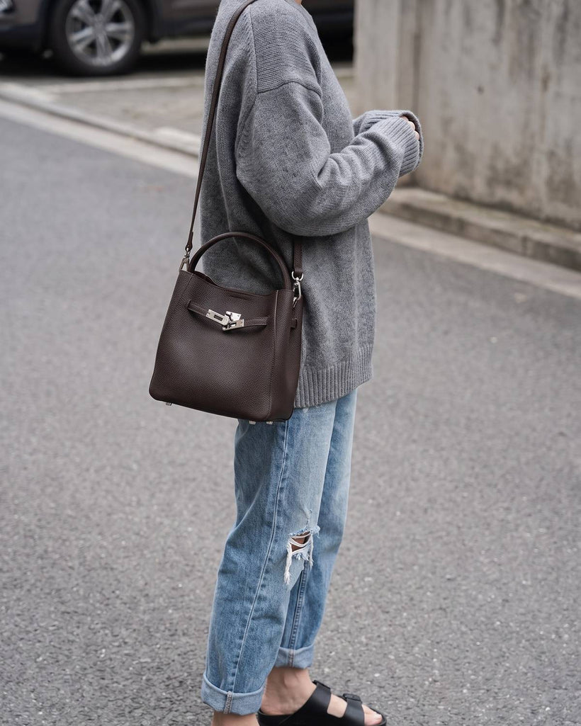 Wildfool The Orvieto Mini Bucket in Espresso, styled and worn (4)