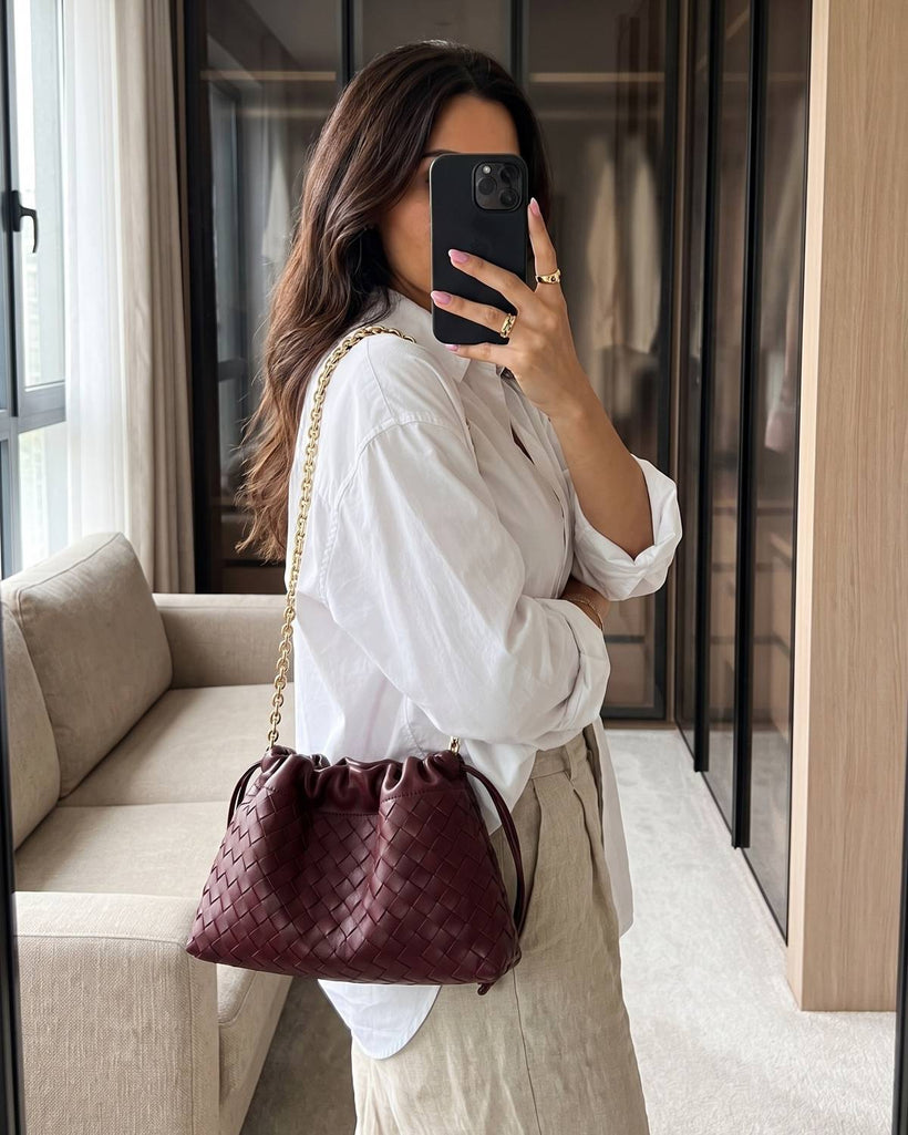 Wildfool The Assisi Chain Pouch in Burgundy, styled and worn (3)