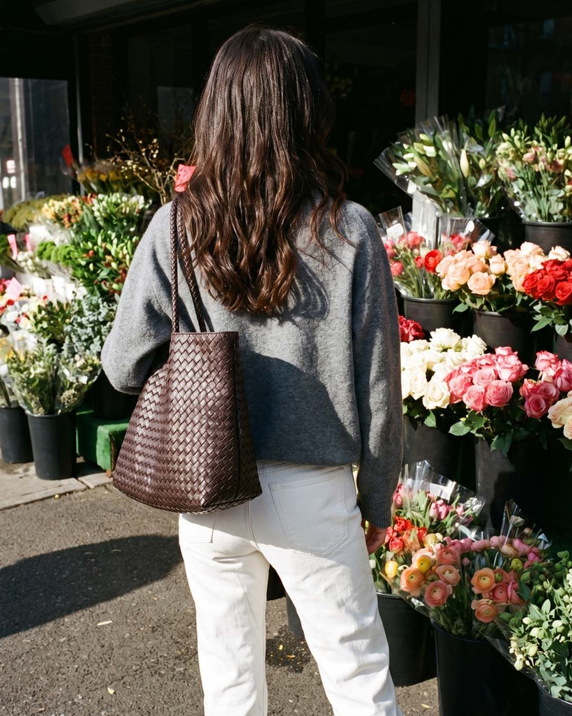 Wildfool The Vicenza Woven Tote in Espresso, styled and worn
