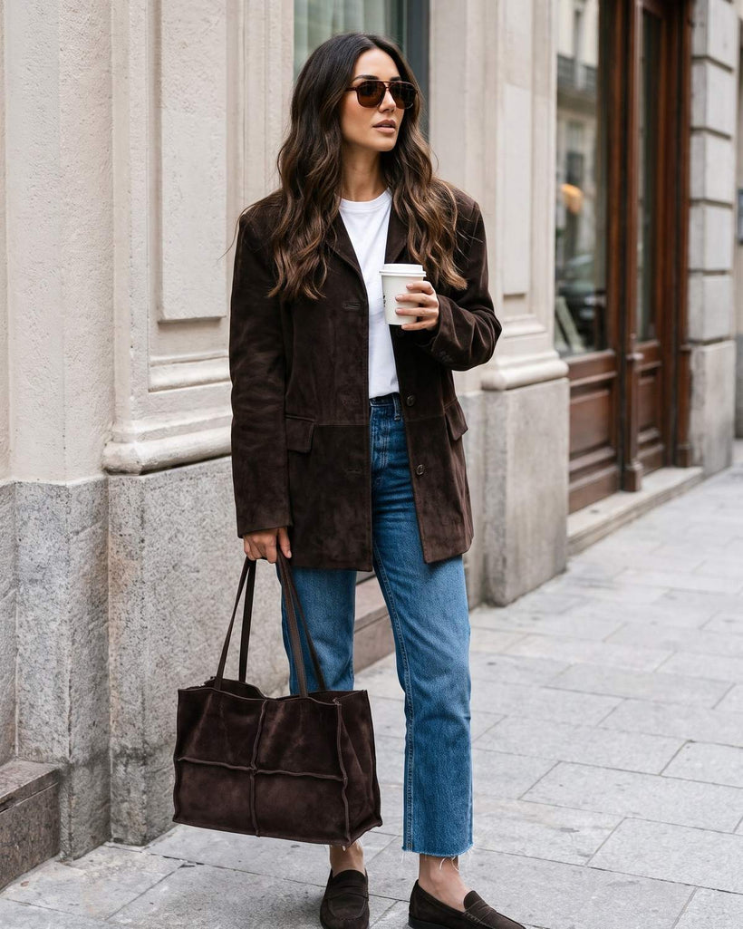 Wildfool The Urbino Patchwork Tote in Espresso, styled and worn (2)