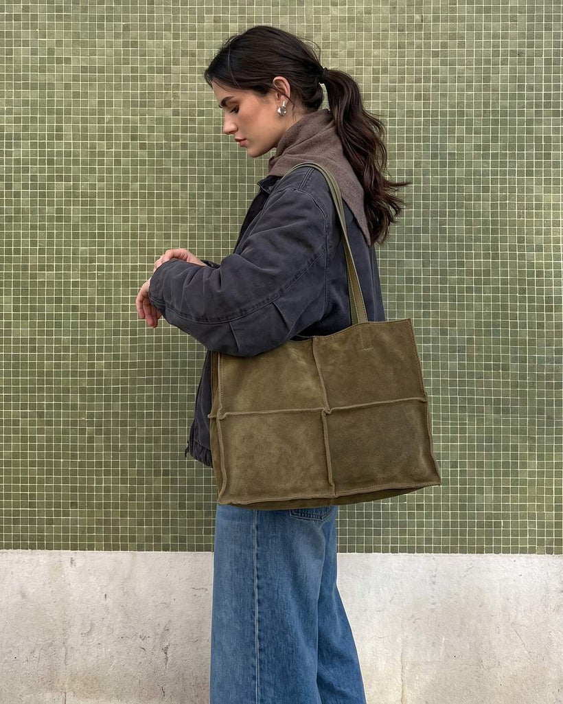 Wildfool The Urbino Patchwork Tote in Olive, styled and worn (2)