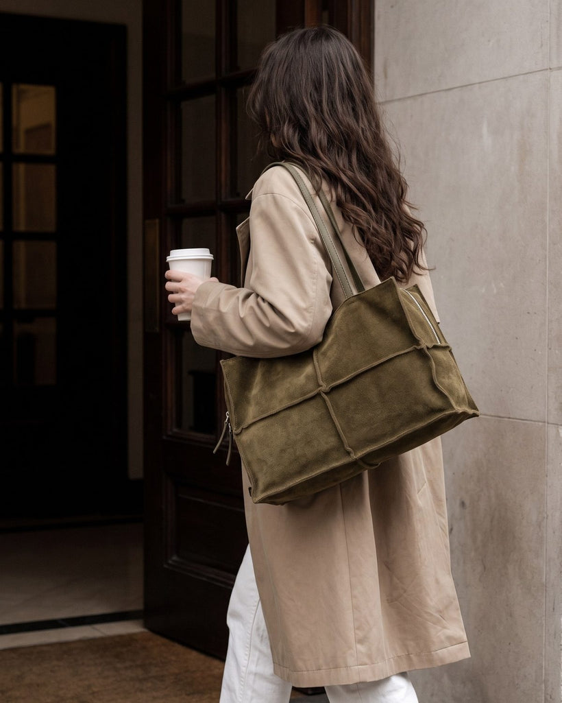 Wildfool The Urbino Patchwork Tote in Olive, styled and worn (3)
