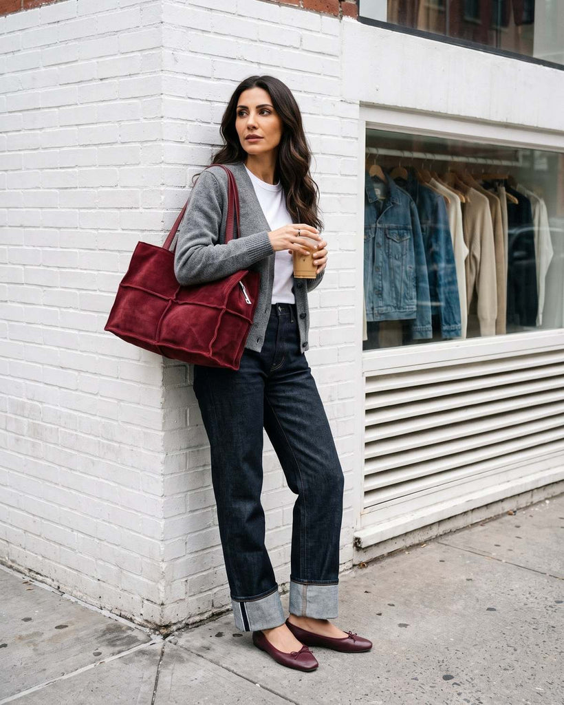 Wildfool The Urbino Patchwork Tote in Red, styled and worn