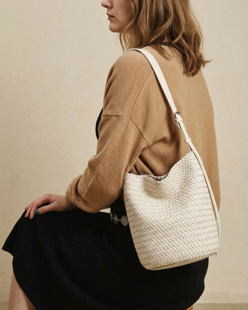 The Lecce Woven Bucket worn on the shoulder