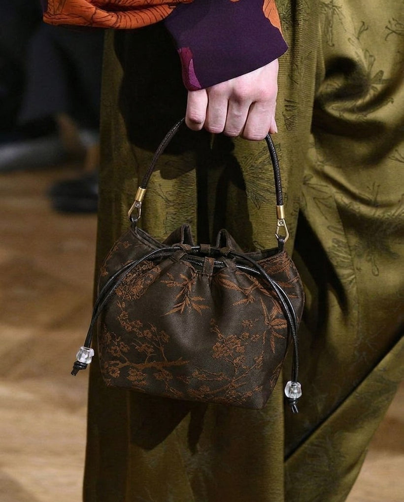 The Brocade Bucket Bag — worn