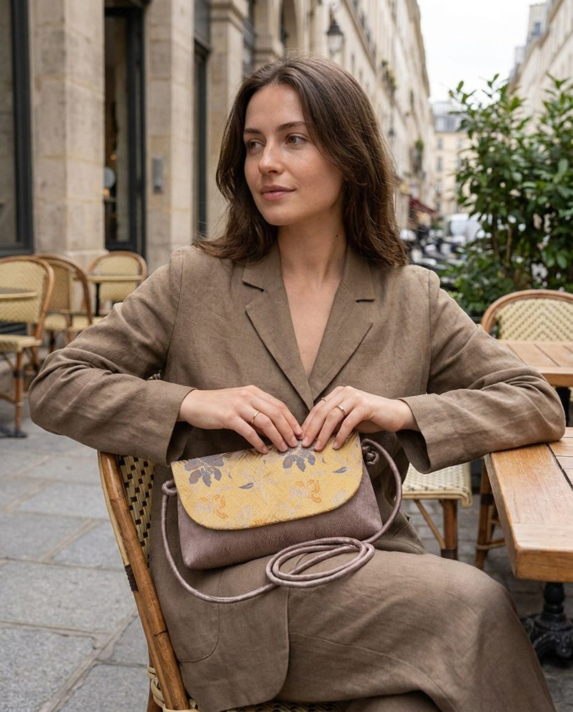 The Brocade Flap Crossbody — worn