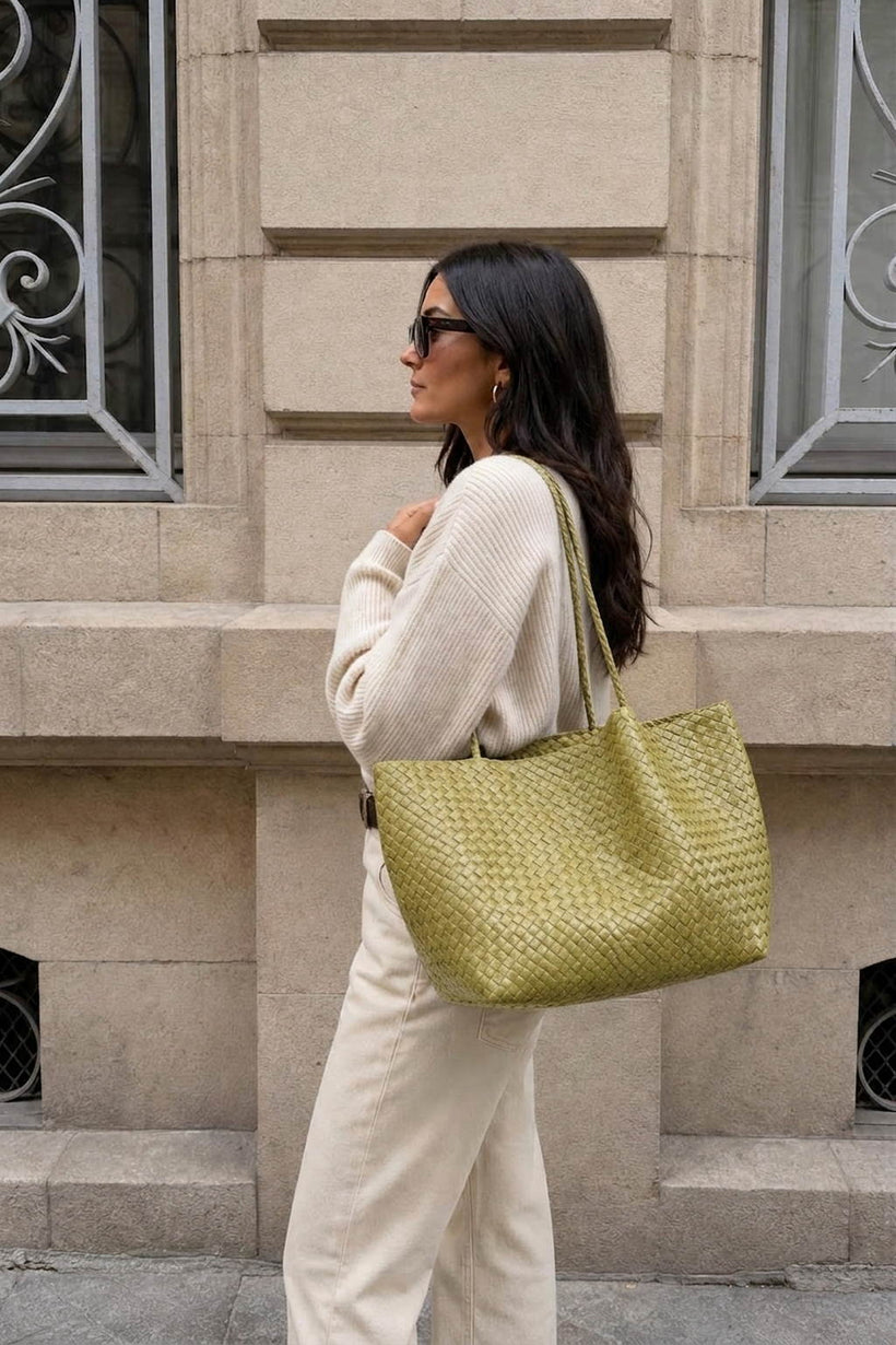 The Heritage Woven Leather Tote - Olive lifestyle