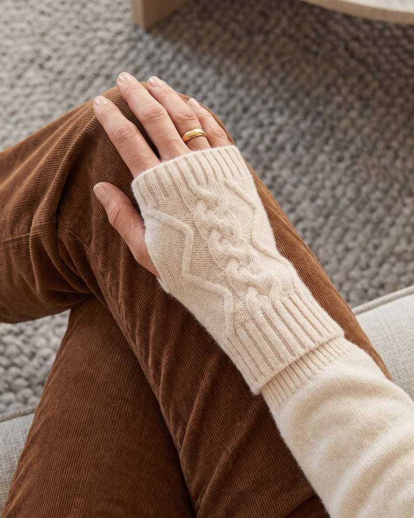 The Cashmere-Blend Wrist Warmers in Beige, worn on one hand resting on a knee, with a cream knit sleeve