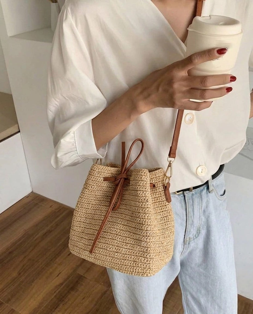 The Noto Raffia Bucket — worn