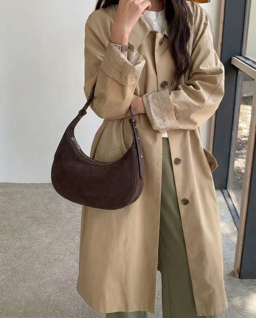 The Cassis Crescent Bag in Espresso, styled