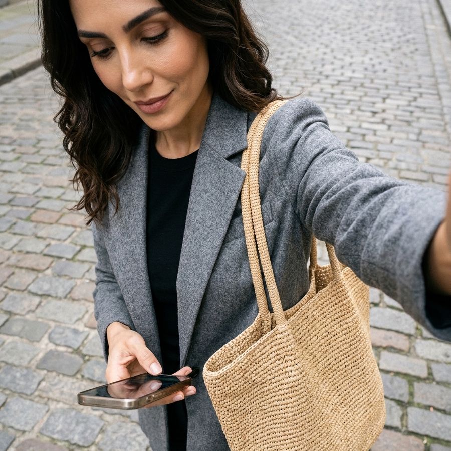 Selfie with a raffia tote on cobblestones