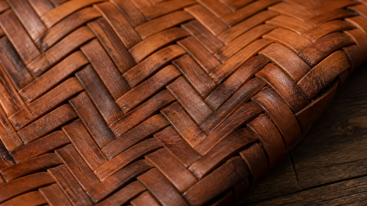Macro close-up of warm brown woven leather strips crossing in a basketweave pattern on dark wood
