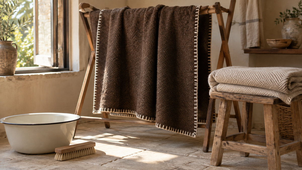 A brown wool blanket with whipstitched edges airing on a wooden rack beside a basin and brush.