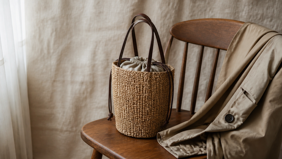Natural straw bucket bag with drawstring top on a wooden chair beside a beige trench coat