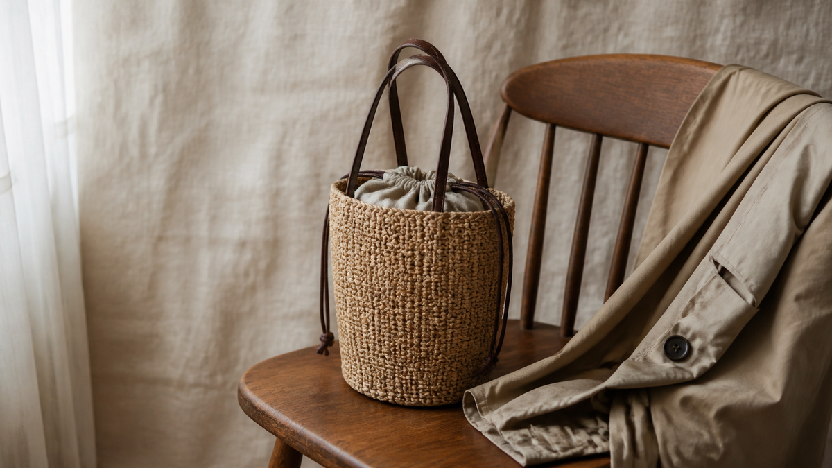 Natural straw bucket bag with drawstring top on a wooden chair beside a beige trench coat