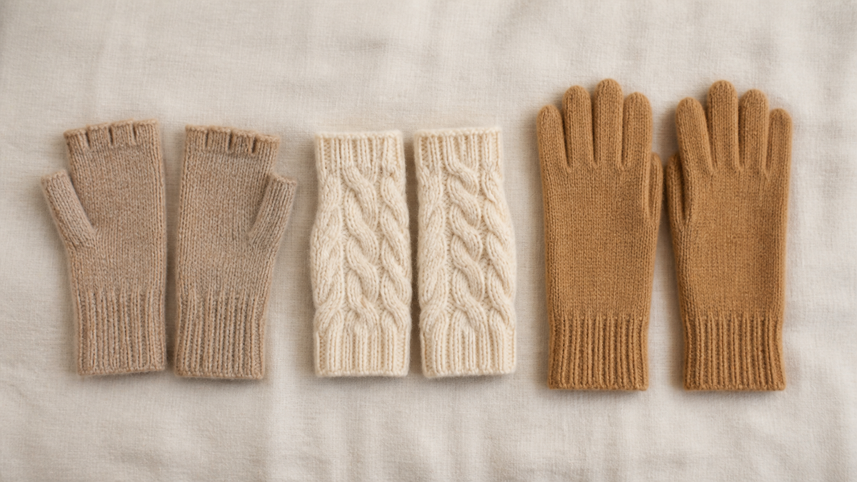 Flat lay of cashmere fingerless gloves, cable-knit wrist warmers and full knitted wool gloves in a row on cream linen