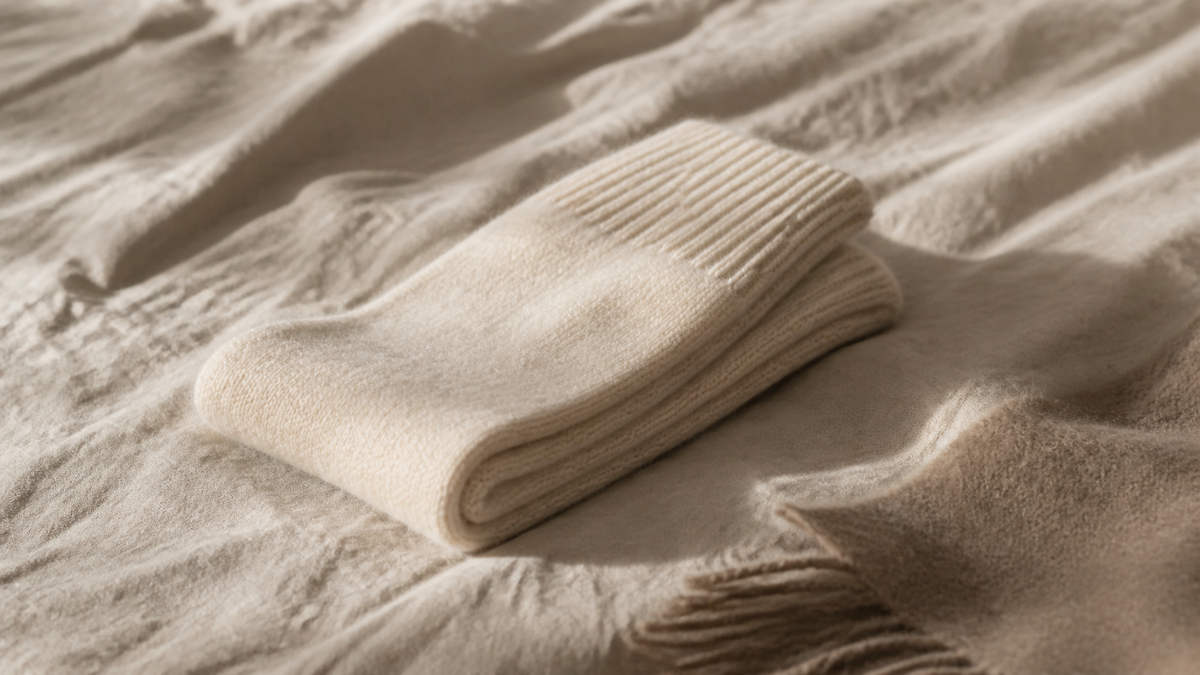 A pair of undyed cream cashmere bed socks folded on a rumpled linen bedsheet beside the fringed edge of a wool throw in warm morning light