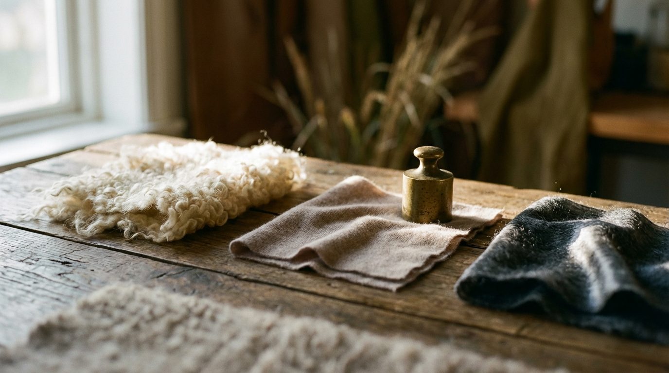 Wool cashmere and alpaca fiber comparison on workshop table