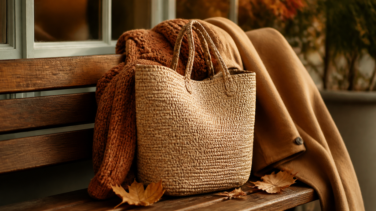 Woven raffia tote with a rust knit sweater and camel wool coat in autumn light