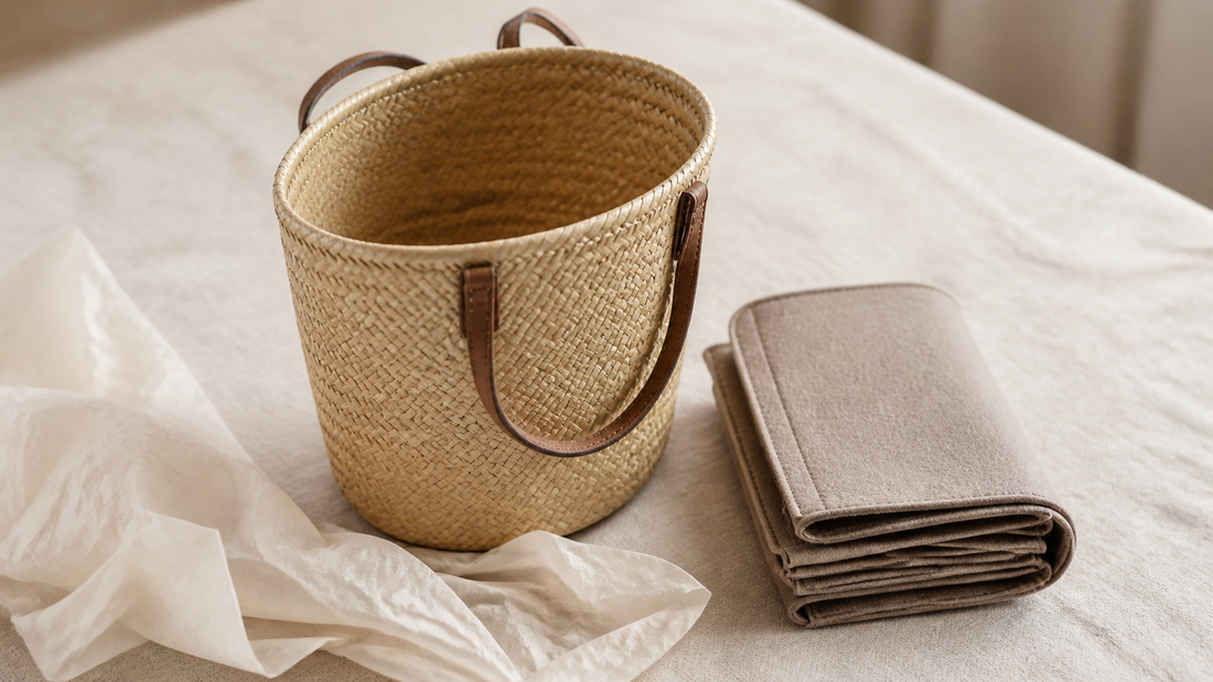 Open natural straw bucket bag on linen beside a folded felt organiser insert and crumpled tissue paper
