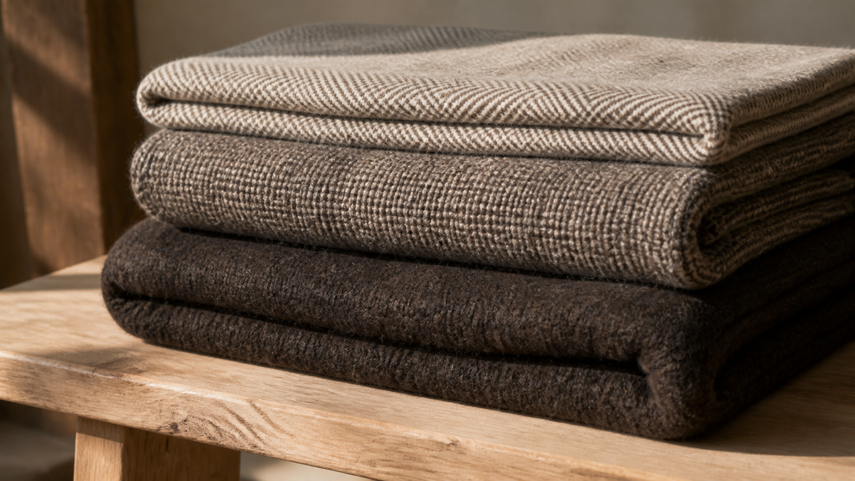 Three folded wool blankets of visibly different thickness stacked on a pale wooden bench in side light