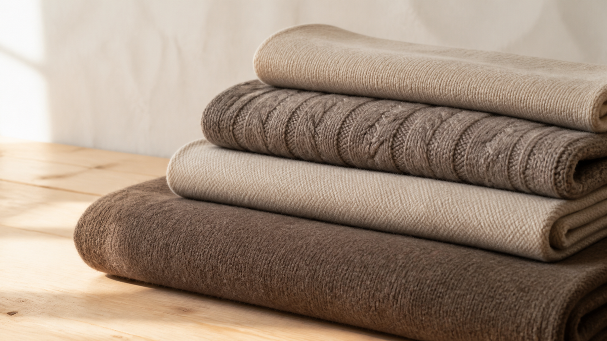 Four folded wool and cashmere pieces stacked in descending width on a pale wooden surface, from a narrow scarf to a wide heavy blanket wrap