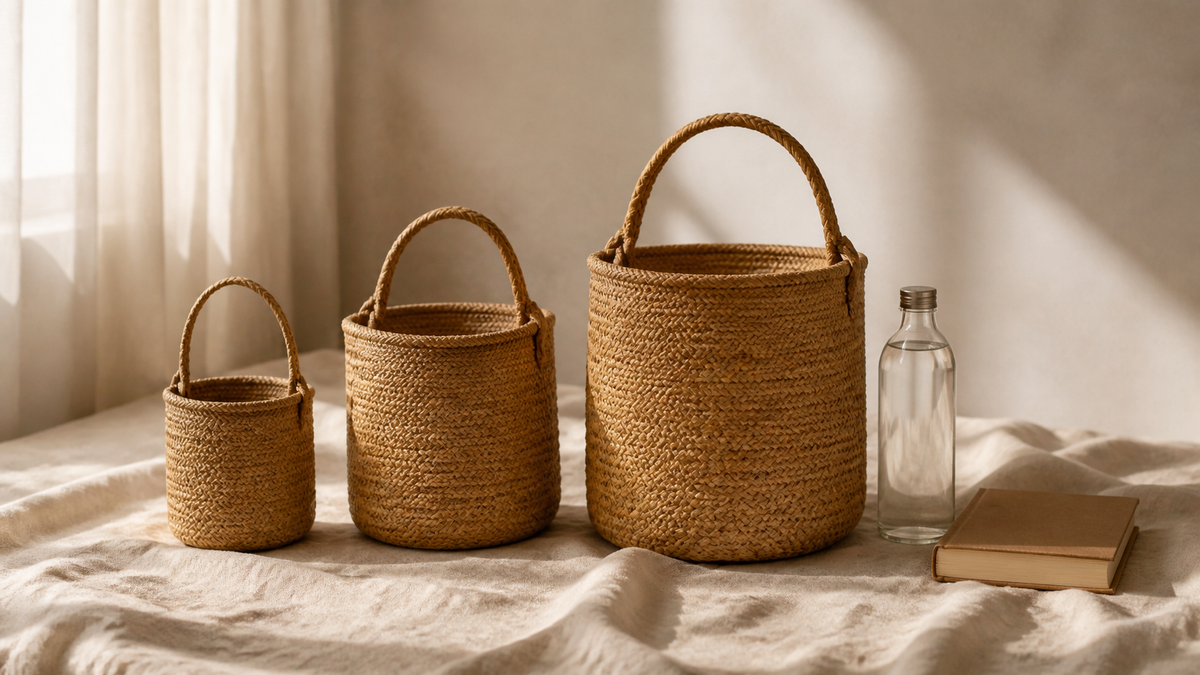 Three woven bucket bags in small, medium and large sizes lined up with a water bottle and book for scale