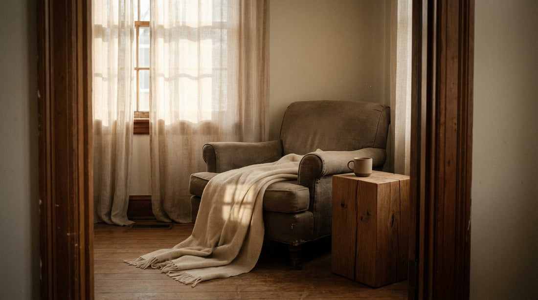 Living room with wool throw draped over armchair seen through doorway