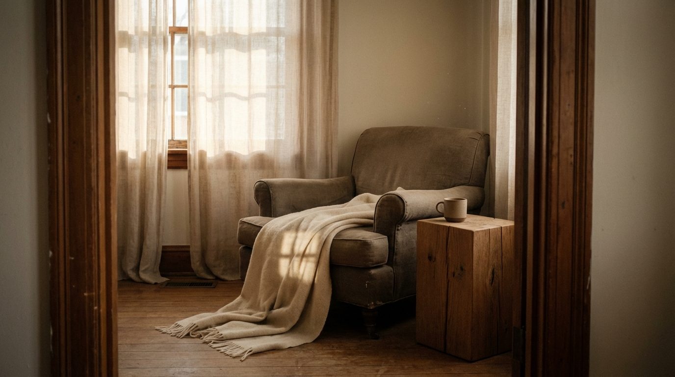 Living room with wool throw draped over armchair seen through doorway