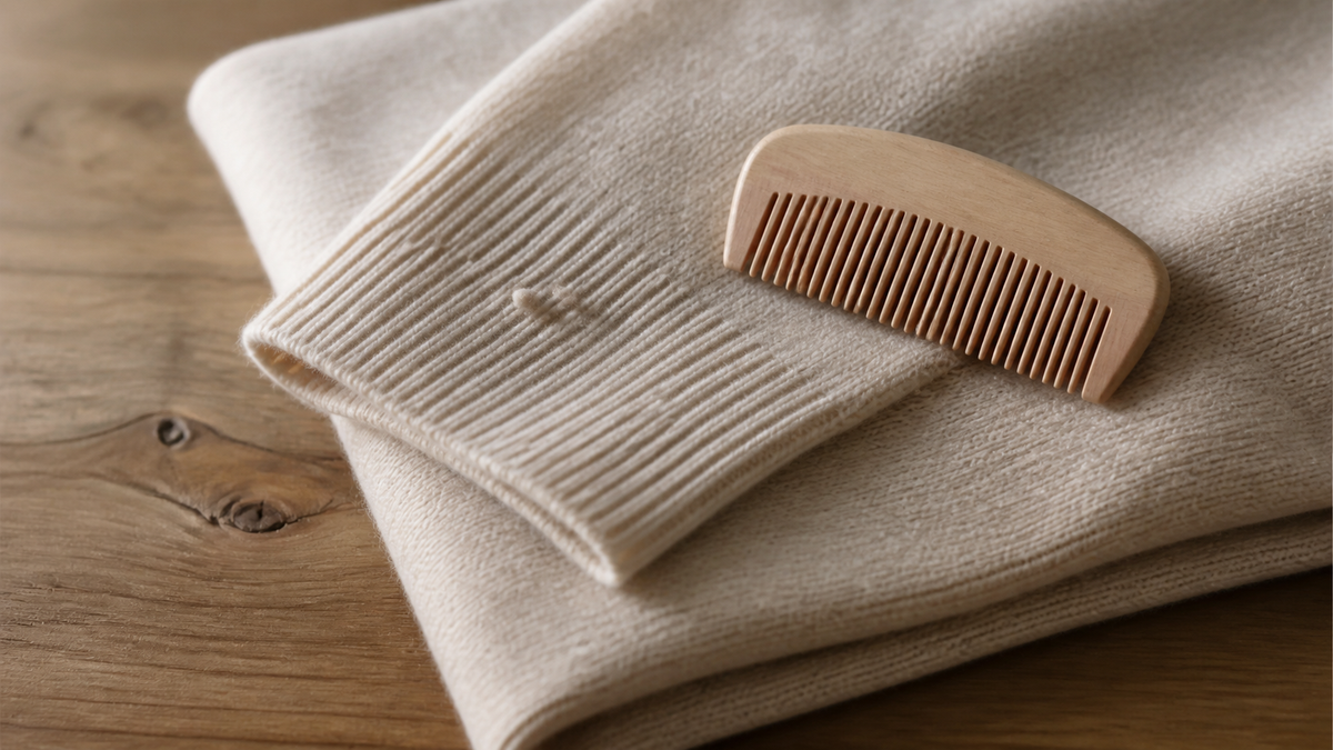 Folded cream cashmere sweater with a wooden garment comb and small fiber pills near the cuff