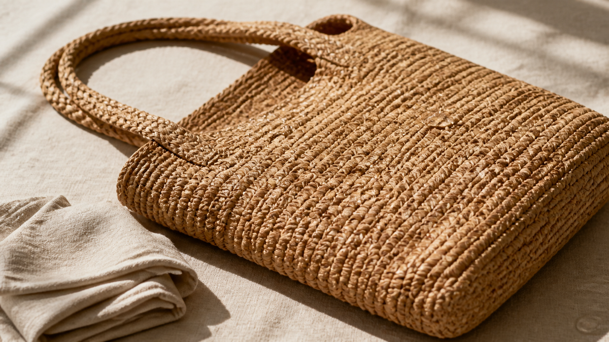 Natural raffia woven tote on pale linen with water droplets beading on the weave and a folded dry cloth beside it