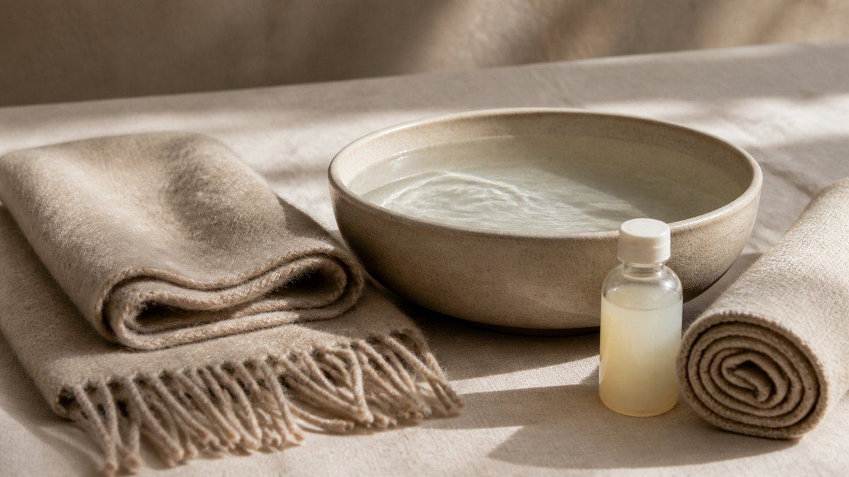 Folded oatmeal wool scarf with knotted fringe beside a shallow basin of cool water and a bottle of wool wash on linen