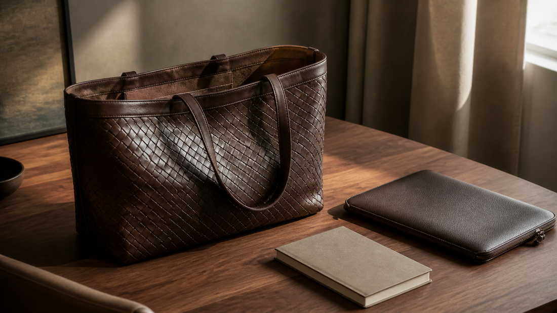 Espresso woven leather tote standing open on a walnut desk beside a laptop sleeve and a notebook