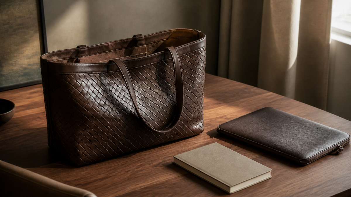 Espresso woven leather tote standing open on a walnut desk beside a laptop sleeve and a notebook
