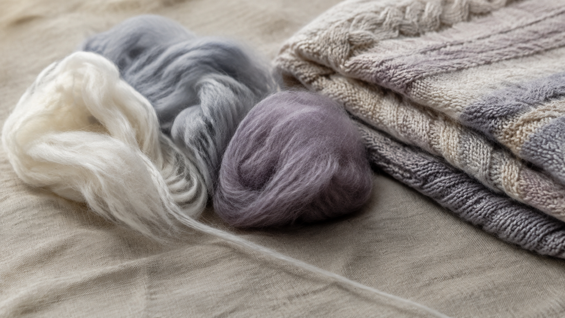 Loose undyed Alashan cashmere fibre in white, grey and lilac beside a cable-knit cashmere shawl