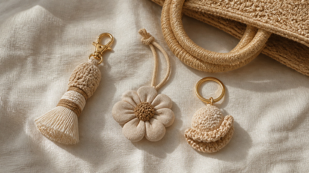 Three bag charms on linen showing different attachments: a cotton tassel on a gold lobster clasp, a fabric flower on a cord tie and a crocheted charm on a gold ring, beside a raffia tote handle