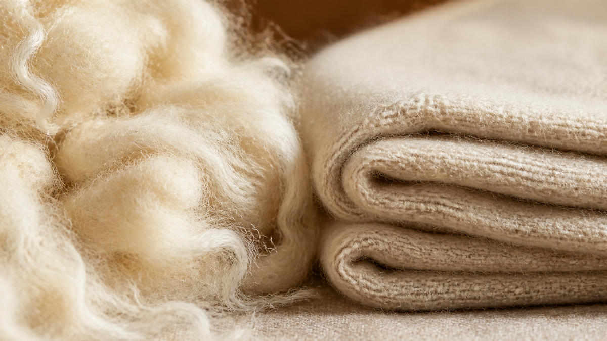 Close-up of loose cream wool fibre beside a folded undyed knit fabric