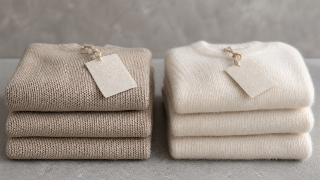Two folded knit stacks compared side by side, one denser oat-colored blend and one lofty ivory pure cashmere