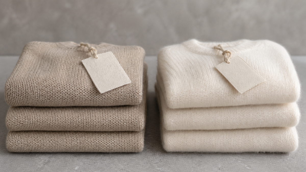 Two folded knit stacks compared side by side, one denser oat-colored blend and one lofty ivory pure cashmere